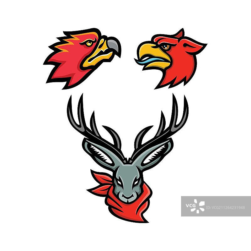 神话生物头像吉祥物图标合集：火鸟、狮鹫和兔 Jackalope 复古风格图片素材