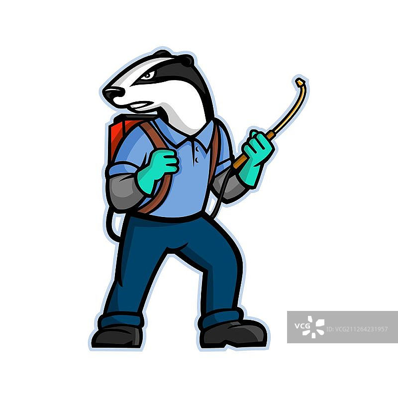 獾类害虫防治员吉祥物图标，携带压力喷雾器或杀虫剂喷雾泵背包，在复古风格的孤立背景圆圈内侧视。獾类害虫防治吉祥物图片素材