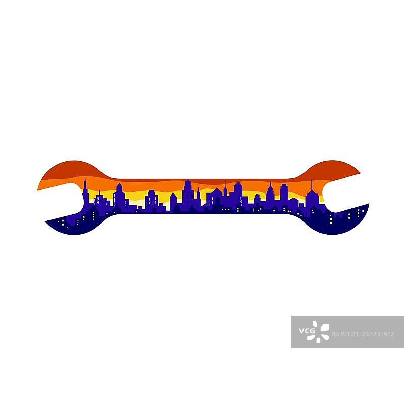 城市建筑剪影扳手复古风格插画图片素材