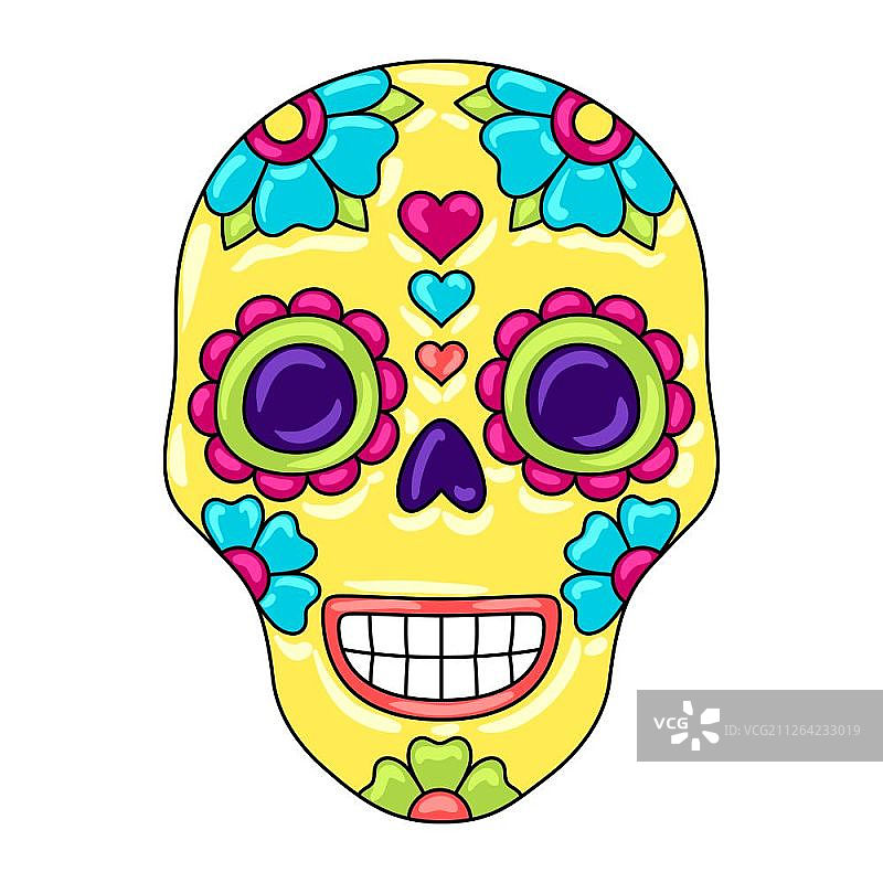 带有花卉装饰的亡灵节糖骷髅。墨西哥塔拉韦拉陶瓷瓷砖传统装饰品。带有花卉装饰的亡灵节糖骷髅图片素材