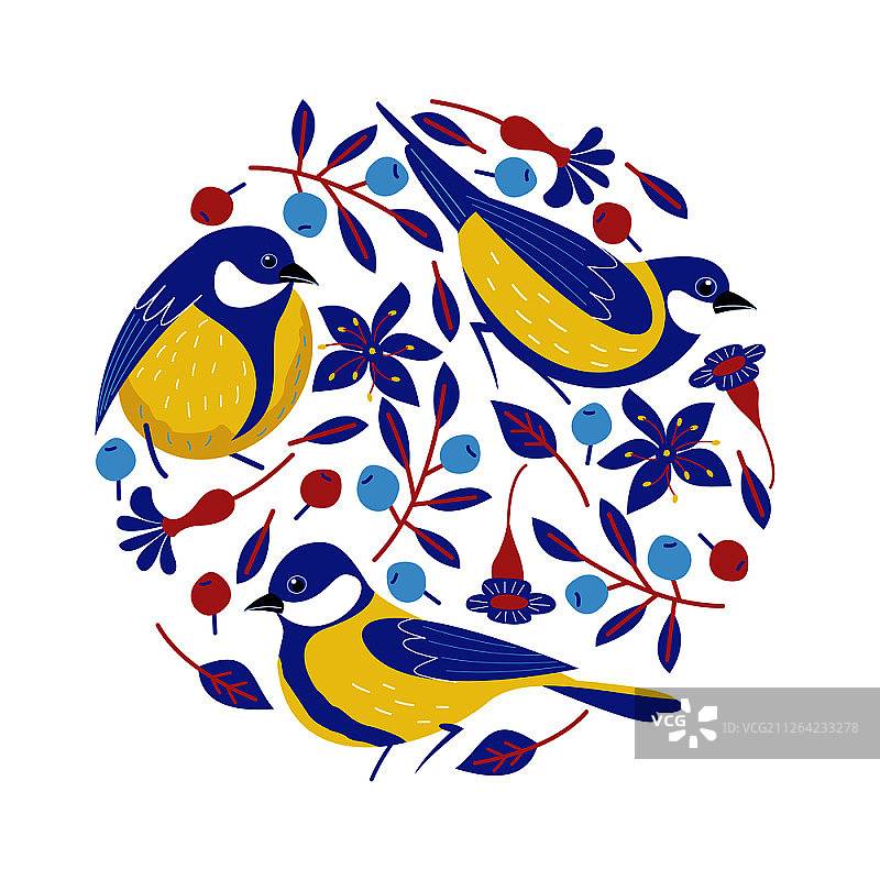 小鸟蓝莓鲜花可爱明信片矢量插画图片素材