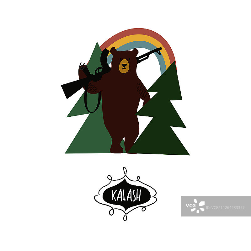 手绘矢量插画：俄罗斯棕熊持卡拉什尼科夫步枪在森林中图片素材