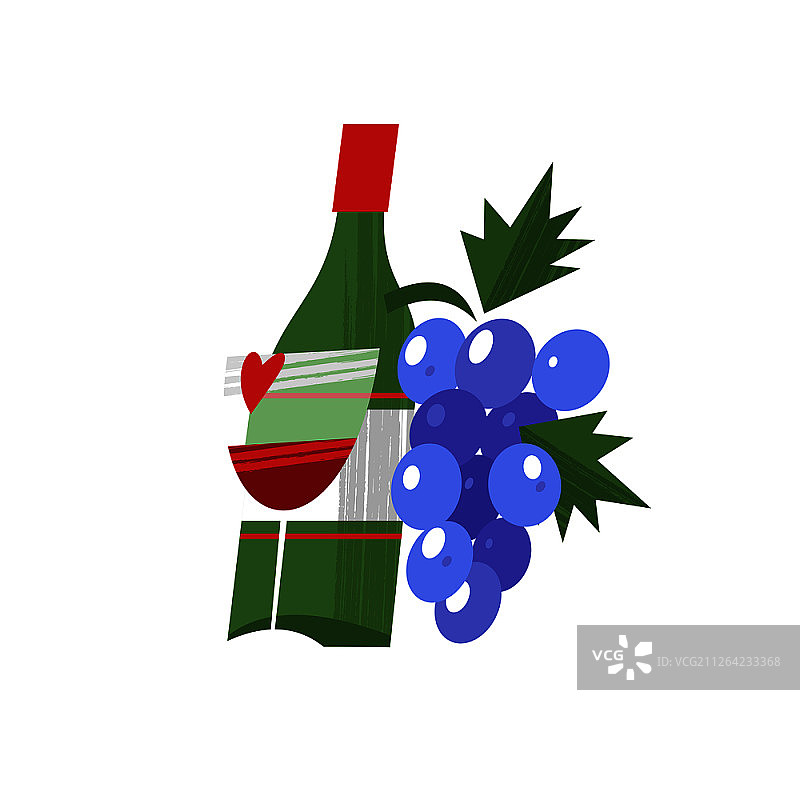 一瓶葡萄酒和一串葡萄矢量图，白色背景，法国复古手绘明信片矢量图图片素材