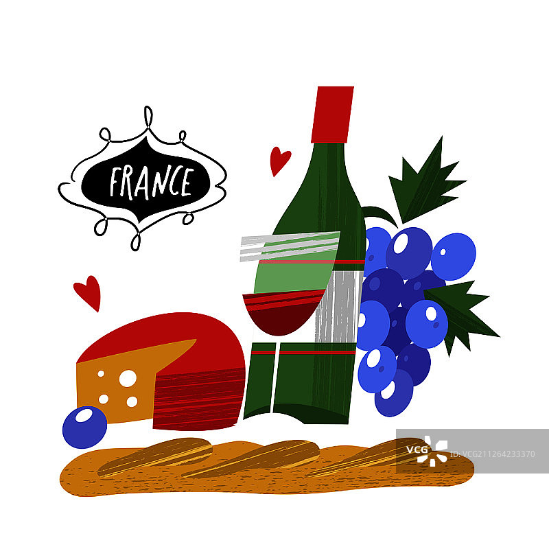 一瓶葡萄酒、奶酪、法式长棍面包和一串葡萄矢量图，白色背景，法国复古手绘明信片矢量图图片素材