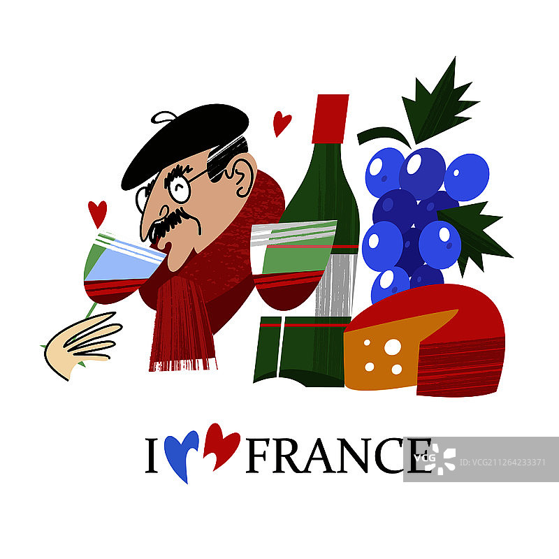 我爱法国主题插画：戴黑色贝雷帽的法国男人，以及葡萄酒、葡萄和奶酪图片素材