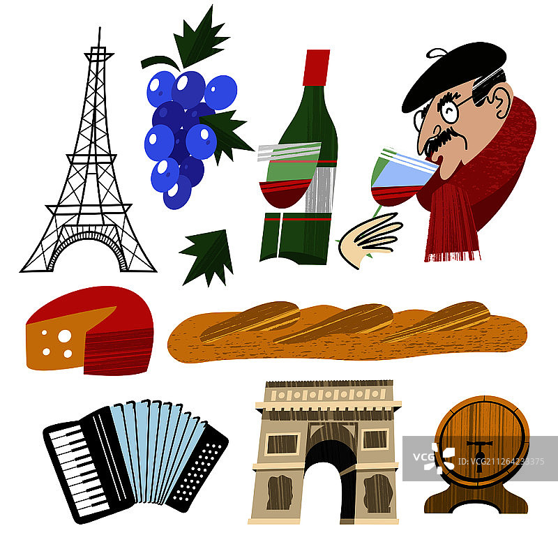 葡萄酒、奶酪、法棍和葡萄：法国风情插画图片素材