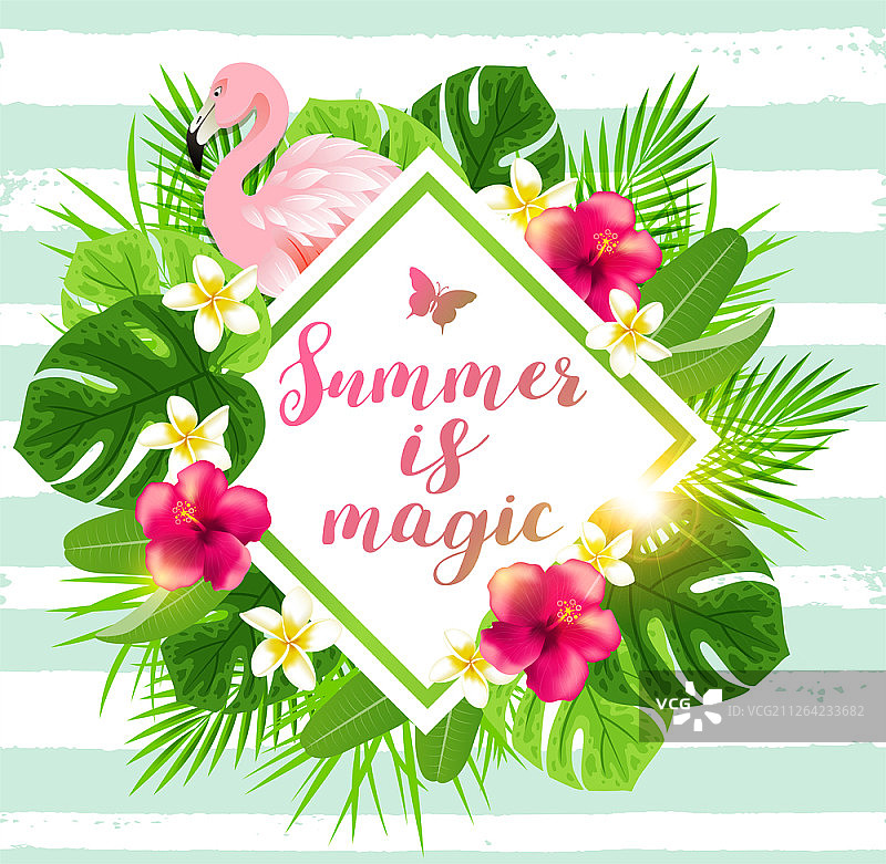 热带花卉、棕榈叶和粉红火烈鸟夏季背景图片素材