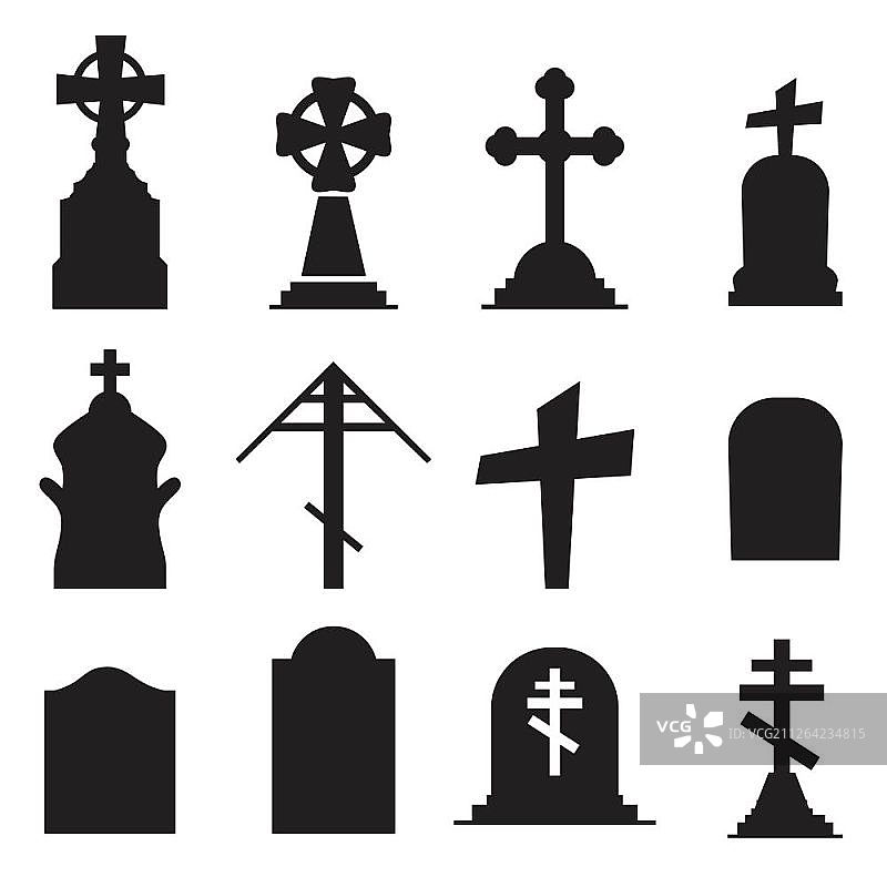 墓碑图标集，白色背景隔离图片素材