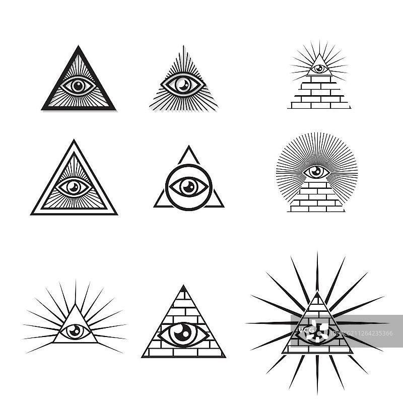 扁平及线条风格的埃及金字塔图标集图片素材