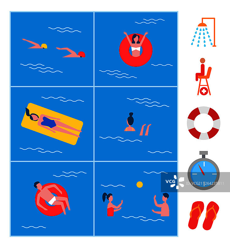 游泳池活动与图标：游泳者、救生圈上的女士、淋浴定时器和救生员拖鞋矢量图图片素材