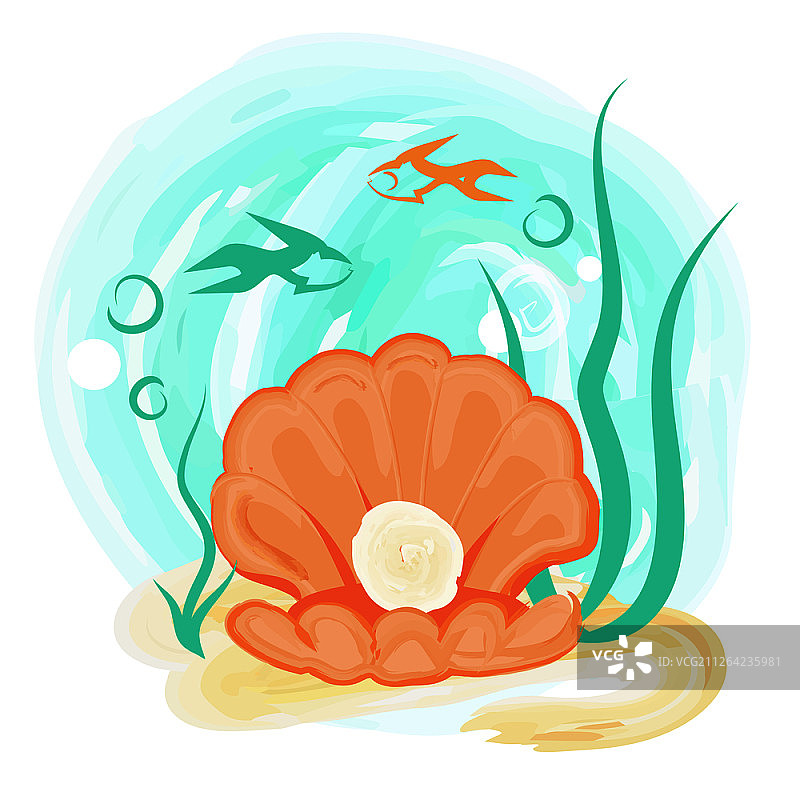 水下世界植物鱼类背景中带有闪亮圆形珍珠的浅橙色海螺图片素材