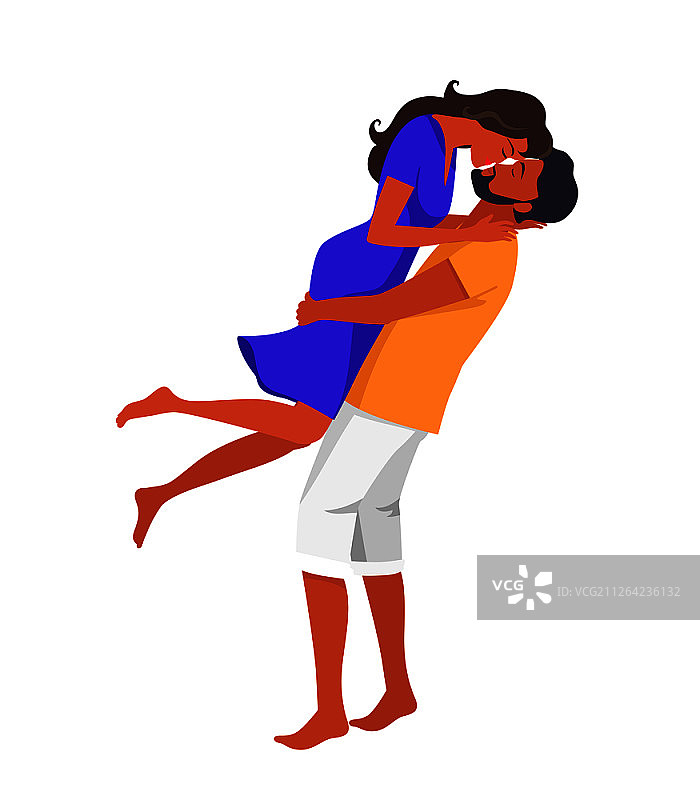 短裤络腮胡男子抱起穿紫色连衣裙的女友亲吻矢量插画图片素材