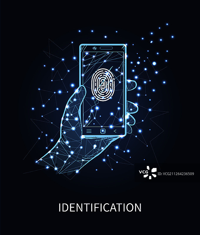 带有指纹的手机识别矢量图。智能手机扫描系统，人手和带有授权设备和识别功能的设备。图片素材