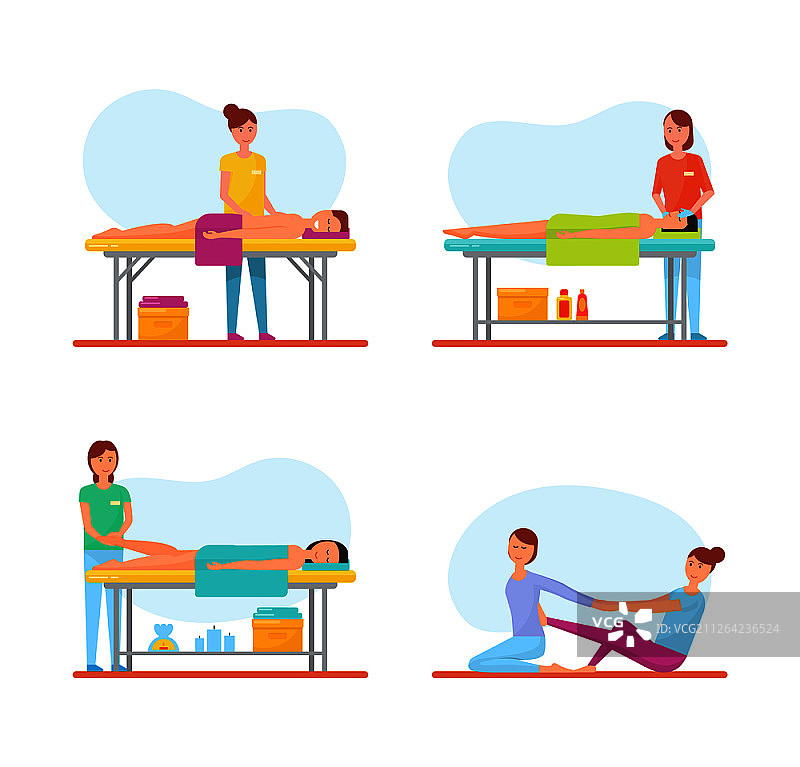 患者按摩治疗独立图标矢量图。背部、面部、足部舒缓技巧、身体护理，按摩师使用香薰蜡烛放松身心。患者按摩治疗图标集矢量图图片素材