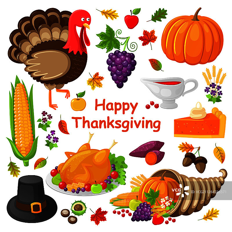 感恩节快乐海报，含火鸡、菜肴、玉米葡萄等图标矢量素材图片素材
