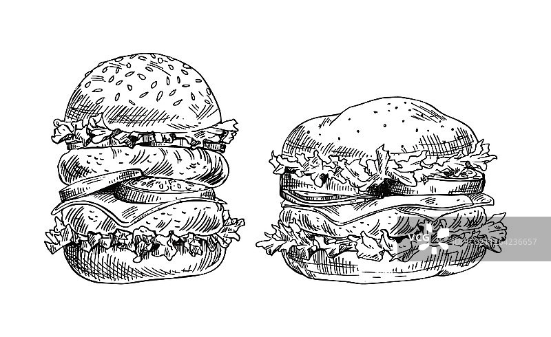 多汁肉类和新鲜沙拉汉堡，快餐铅笔画，含芝麻面包的大汉堡，矢量插画。多汁肉类和新鲜沙拉汉堡套餐图片素材