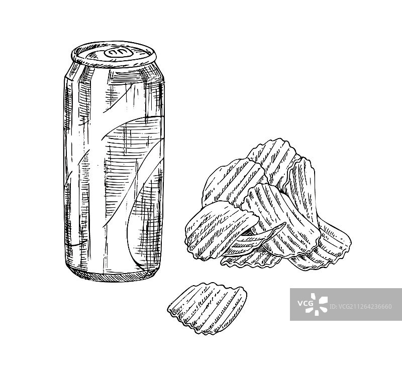 素描风格快餐图标集。香脆的波浪形炸薯条和苏打水罐单色手绘插图，在白色背景中隔离。小吃店概念……薯条和苏打水单色素描风格图标集图片素材