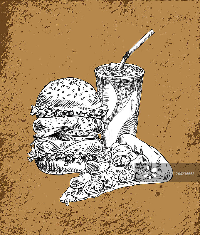 快餐套餐：汉堡和塑料杯饮料单色草图，披萨切片矢量插图图片素材