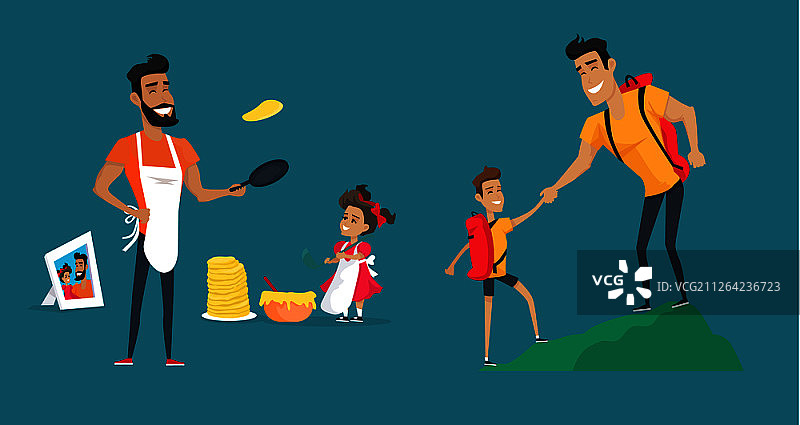 父亲和孩子们玩耍的温馨矢量图：爸爸和女儿一起做煎饼，儿子和父母帮忙搬家图片素材