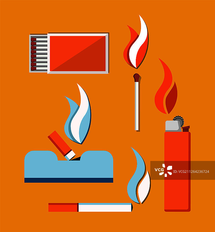 香烟、火柴和雪茄打火机矢量卡片插画图片素材