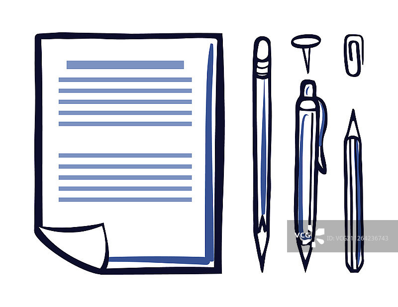 办公纸张文件页面图标单色草图矢量素材：笔、铅笔、回形针和橡皮图片素材