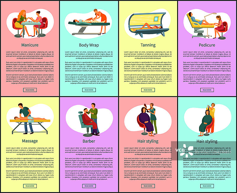 足部和手部护理、美黑、背部按摩及男士理发宣传海报图片素材
