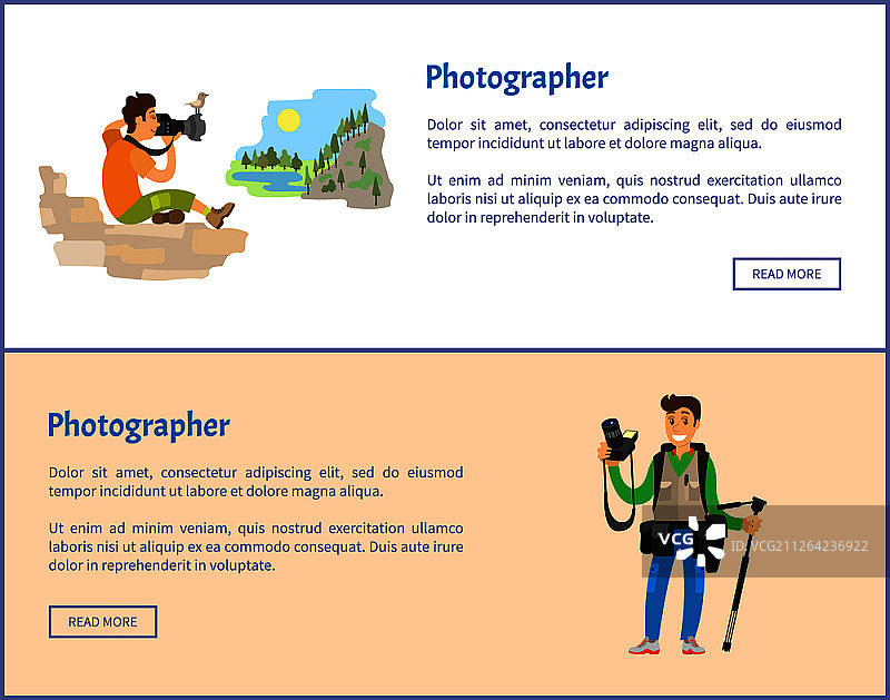 携带三脚架和背包的风景摄影师banner合集：摄影记者在山或岩石上拍摄矢量素材。摄影师相机网络横幅图片素材