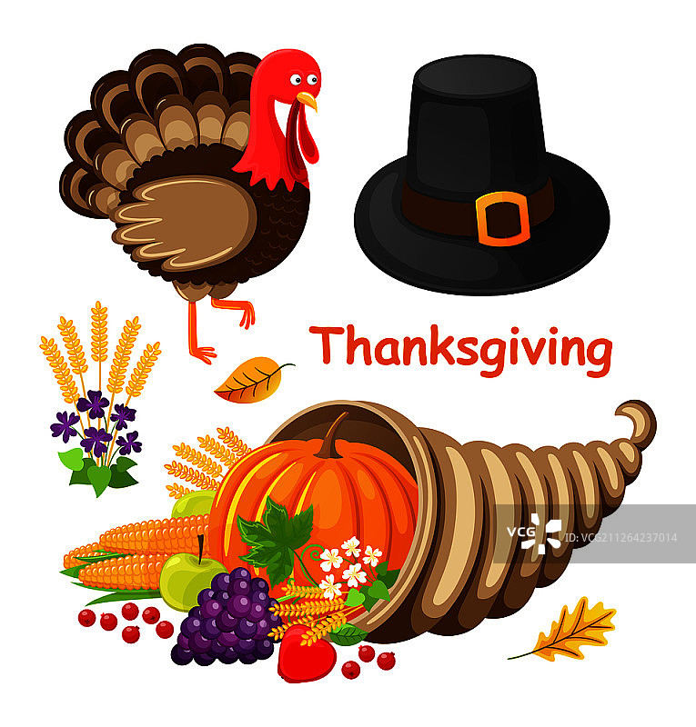 感恩节海报：文本和象征性物品矢量图。南瓜、帽子、火鸡、葡萄、玉米、树叶和小麦图标图片素材