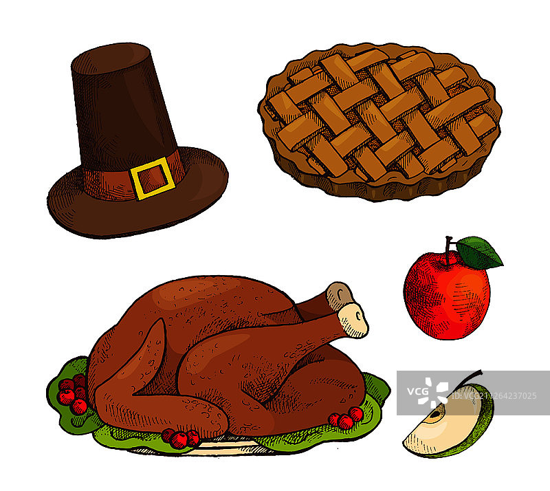 土耳其菜肴和烤苹果派组合矢量图标。带装饰的蛋糕和带腰带的帽子。感恩节食物和餐盘套餐矢量图片素材
