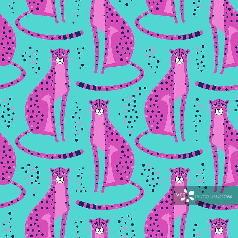 猎豹、豹子无缝图案，重复的异域粉色野猫在绿松石背景上，矢量插图图片素材
