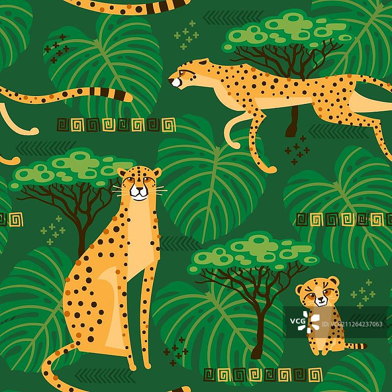 猎豹丛林背景无缝图案图片素材