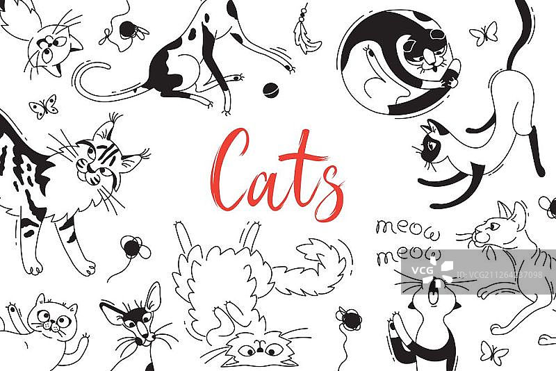 各种品种的玩耍小猫卡片：涂鸦卡通风格矢量背景图片素材