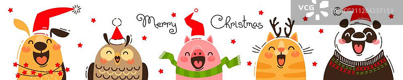 戴圣诞帽的快乐动物：狗、猫、猪、猫头鹰和熊猫，圣诞节banner矢量素材图片素材