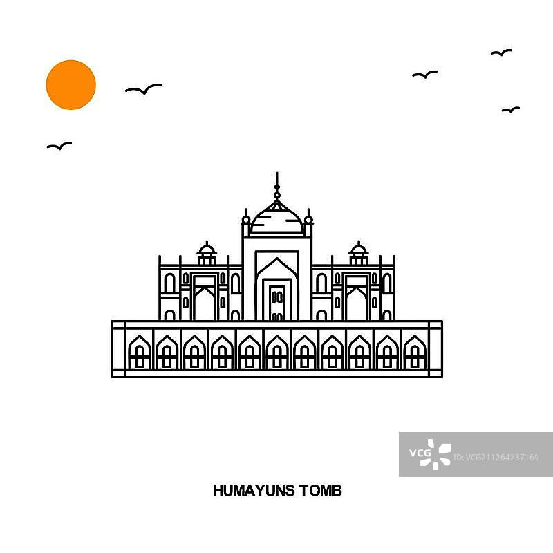 胡马雍陵墓纪念碑世界旅行自然线条风格插画背景图片素材