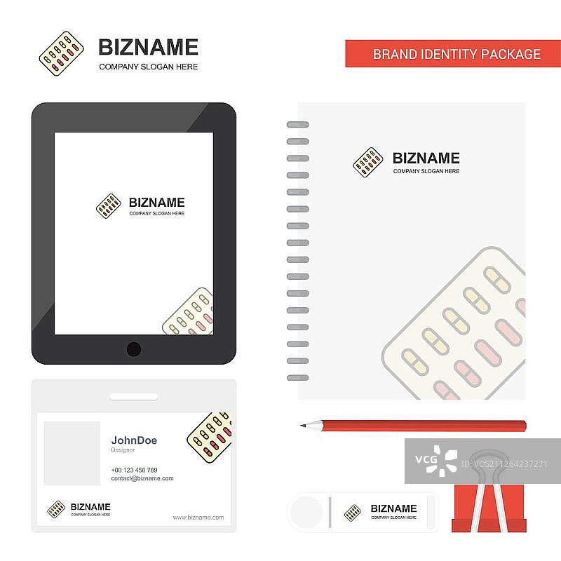 平板电脑商务Logo、Tab应用程序、日记本PVC员工卡和USB品牌文具套装设计矢量模板图片素材