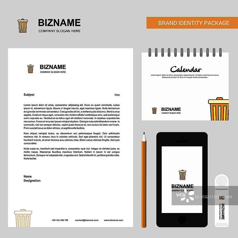 垃圾桶商业信头、2019年日历和移动应用设计矢量模板图片素材