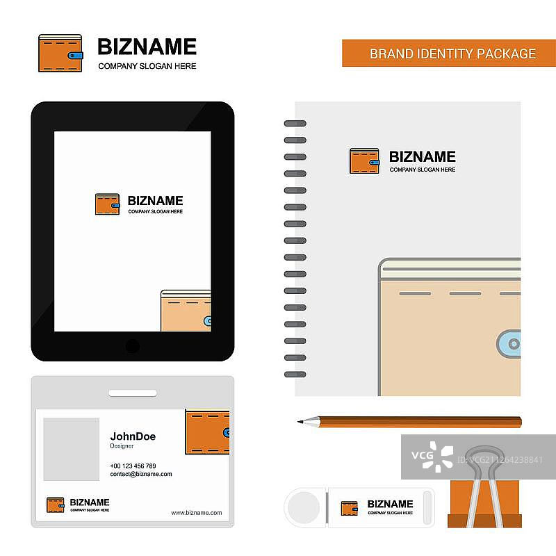 钱包商务Logo、Tab应用、PVC员工卡和USB品牌文具套装设计矢量模板图片素材