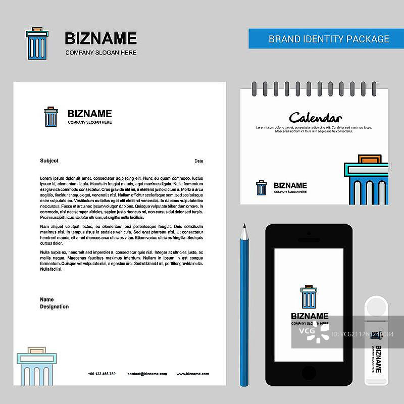 垃圾商务信头、2019年日历和移动应用程序设计矢量模板图片素材