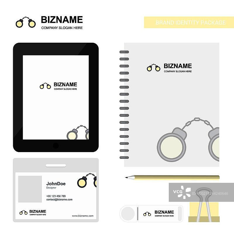 手铐商业Logo、Tab App、日记PVC员工卡和USB品牌文具套装设计矢量模板图片素材