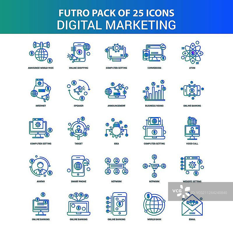 25个绿蓝色未来数字营销图标包图片素材