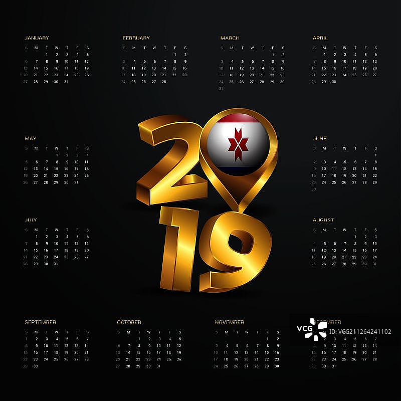 2019日历模板，莫尔多瓦地图金色排版标题图片素材