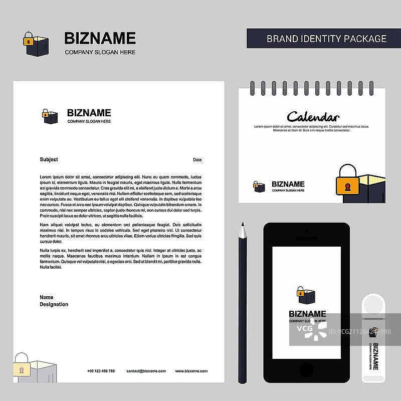 锁着的盒子商业信笺、2019年日历和移动应用设计矢量模板图片素材