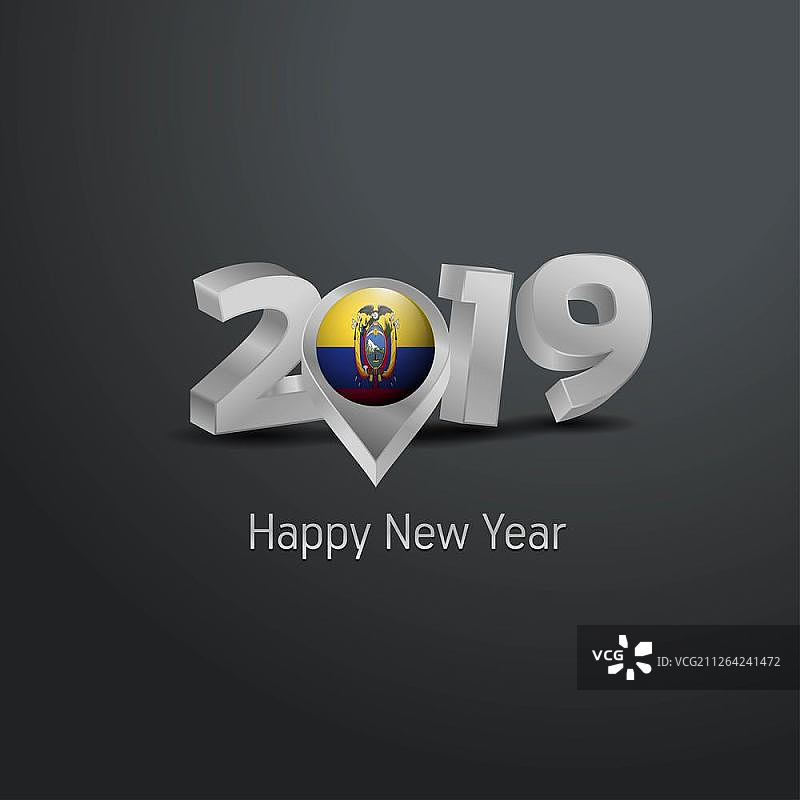 2019新年快乐灰色排版与厄瓜多尔国旗定位pin。国旗设计图片素材