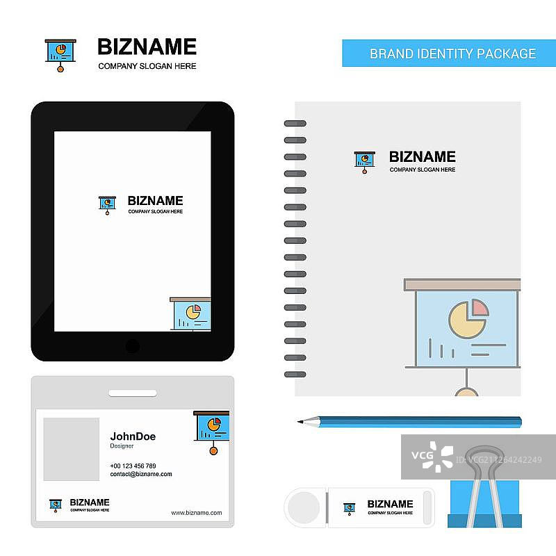 商务Logo演示板、Tab应用、日记本PVC员工卡和USB品牌文具套装设计矢量模板图片素材