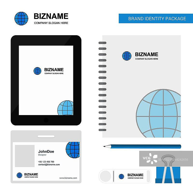 地球商业Logo、Tab应用、日记PVC员工卡和USB品牌文具套装设计矢量模板图片素材
