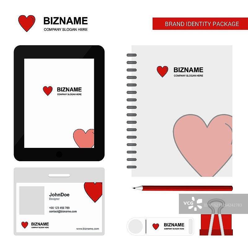 心形商业Logo、Tab应用、日记PVC员工卡和USB品牌文具套装设计矢量模板图片素材