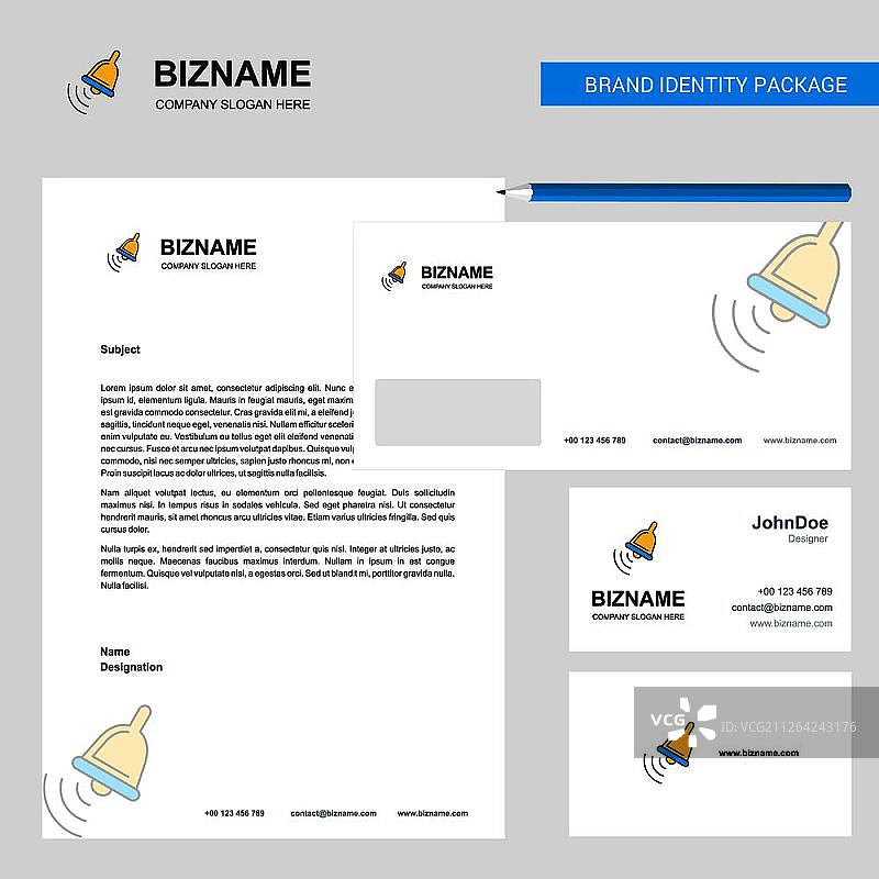 响铃，商业信笺抬头，信封和名片设计矢量模板图片素材