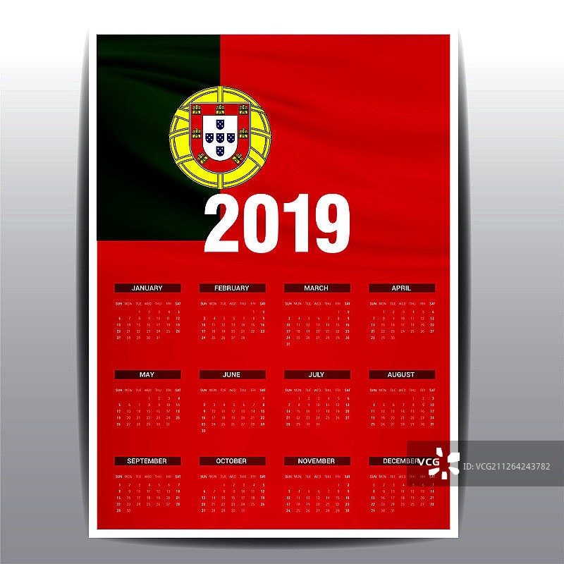 2019年葡萄牙国旗背景日历（英文版）图片素材