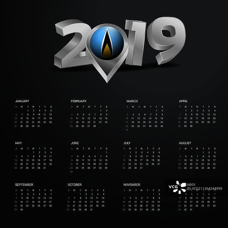 2019年日历模板：圣卢西亚国地图灰色排版标题图片素材