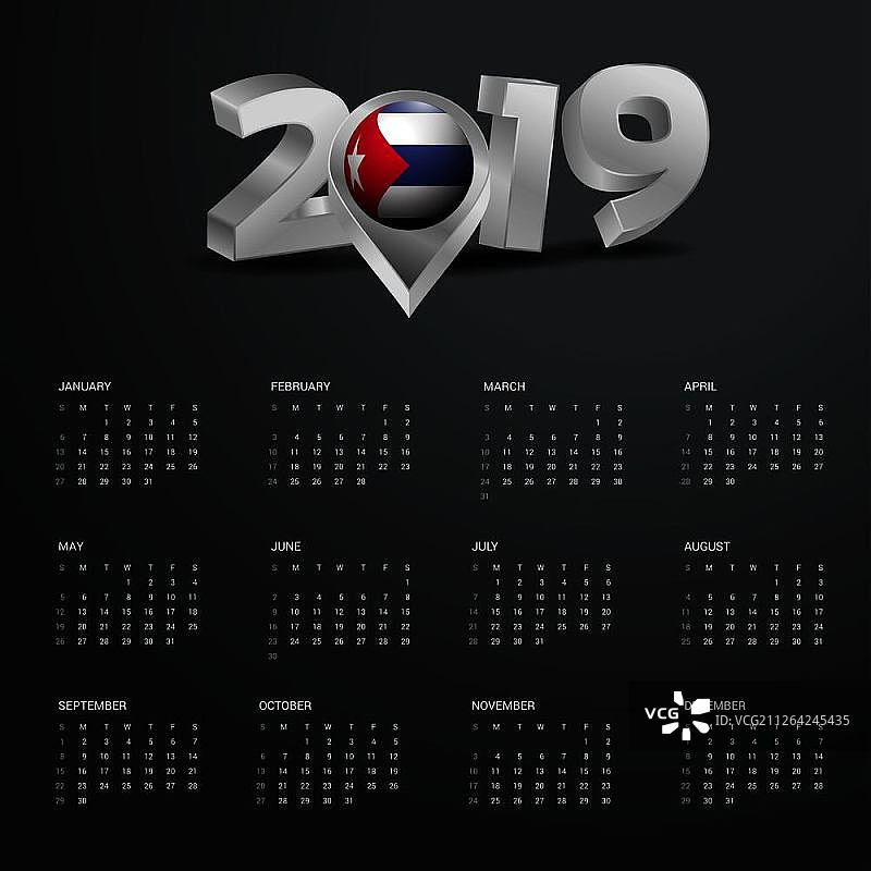 2019年日历模板，古巴地图灰色排版标题图片素材